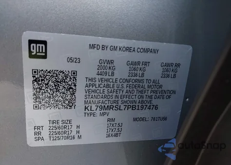 2023 Chevrolet Trailblazer Awd Lt z USA, uszkodzony, nr VIN KL79MRSL7PB197476